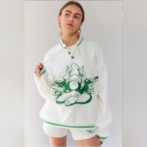 Boys Lie Cherub University Henley Crewneck White Green Trim S/M NWT